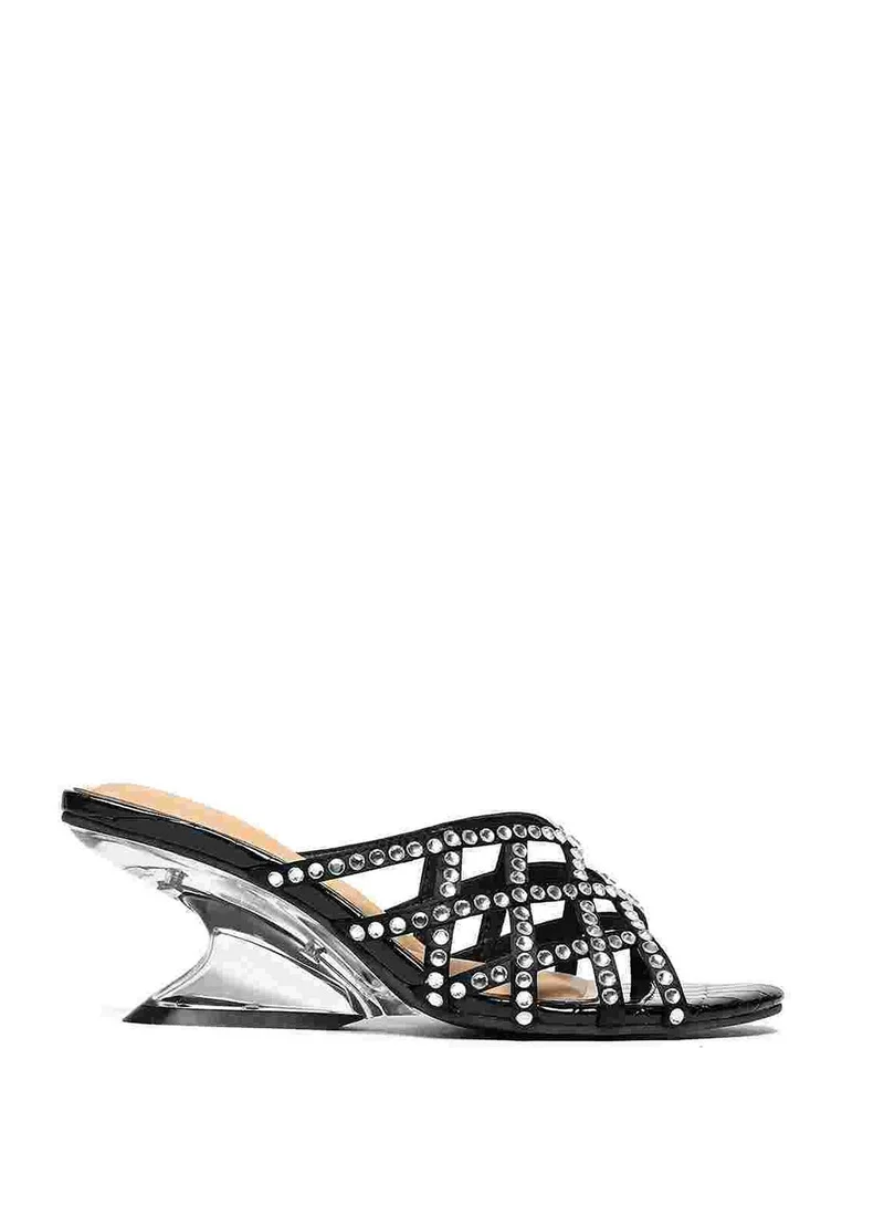 كابلي حذاء كعب مفتوح أسود مرصّع بالكريستال بتصميم شبكي