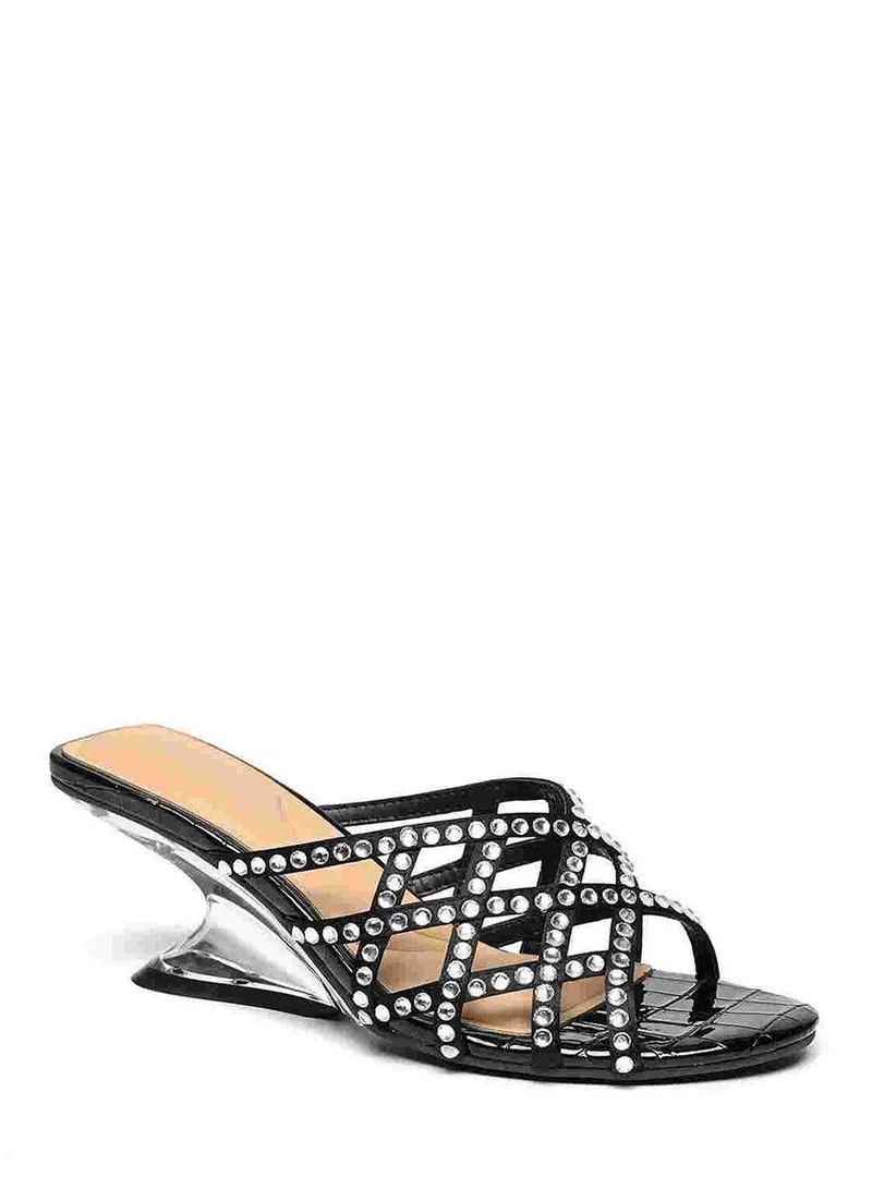 كابلي حذاء كعب مفتوح أسود مرصّع بالكريستال بتصميم شبكي