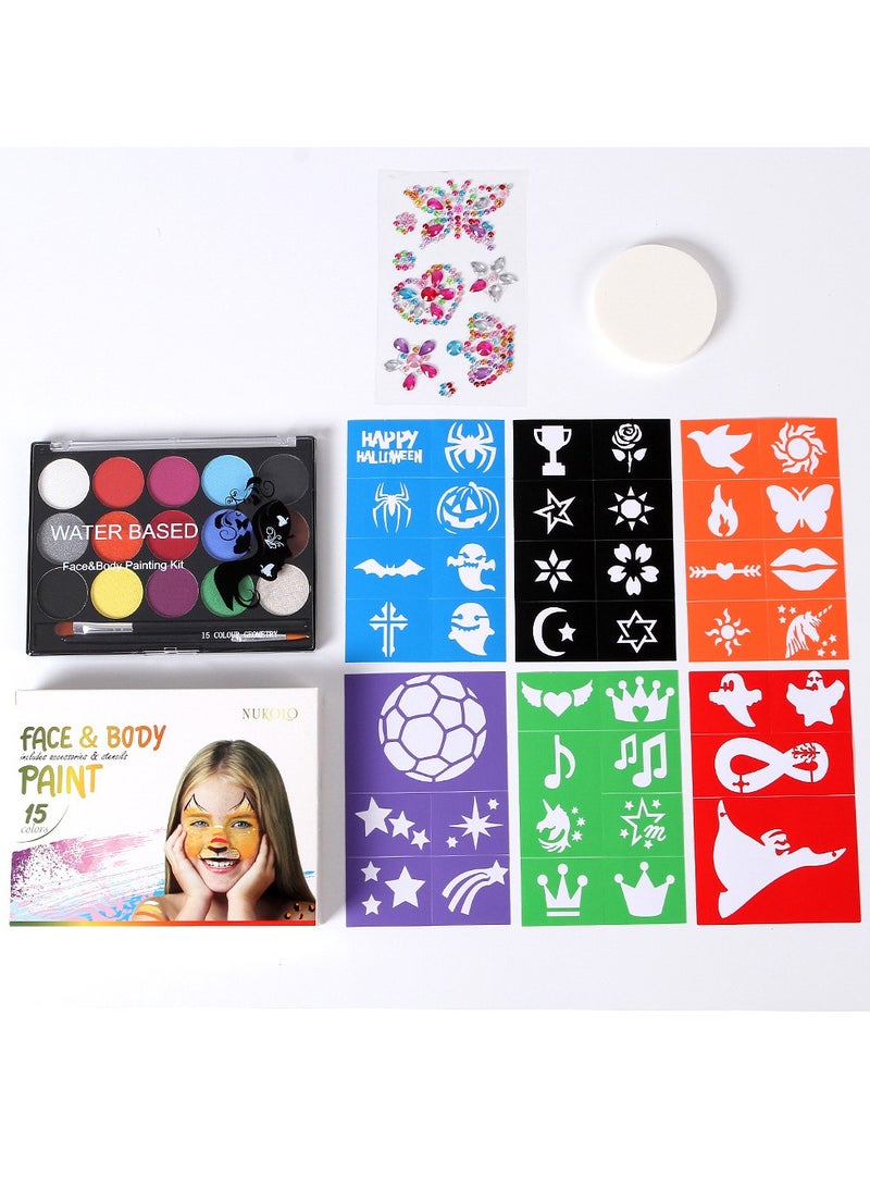 JAYATO مجموعة طلاء الوجه والجسم بـ 15 لون لمكياج الكوسبلاي، مجموعة احترافية لطلاء الوجه للأطفال والبالغين، مع 6 قطع نماذج ووسائد بودرة لعيد الهالوين مع فرش، هدية عيد ميلاد للبنات - Image 1