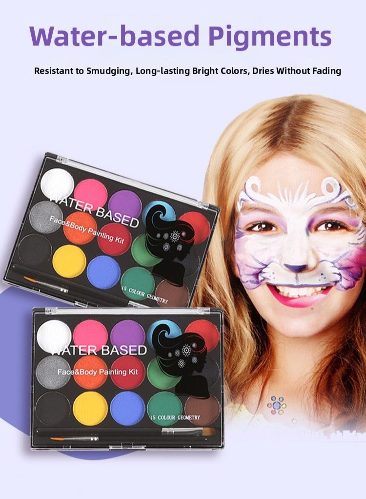 JAYATO مجموعة طلاء الوجه والجسم بـ 15 لون لمكياج الكوسبلاي، مجموعة احترافية لطلاء الوجه للأطفال والبالغين، مع 6 قطع نماذج ووسائد بودرة لعيد الهالوين مع فرش، هدية عيد ميلاد للبنات - Image 2