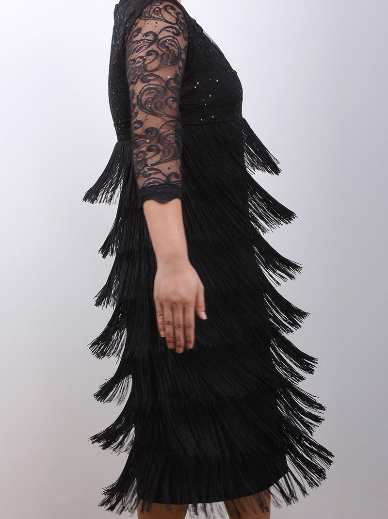 Vijiv Womens Lace Sequin Fringe Flapper Cocktail Prom Formal Eve Party Dress, Small, Black - Image 5