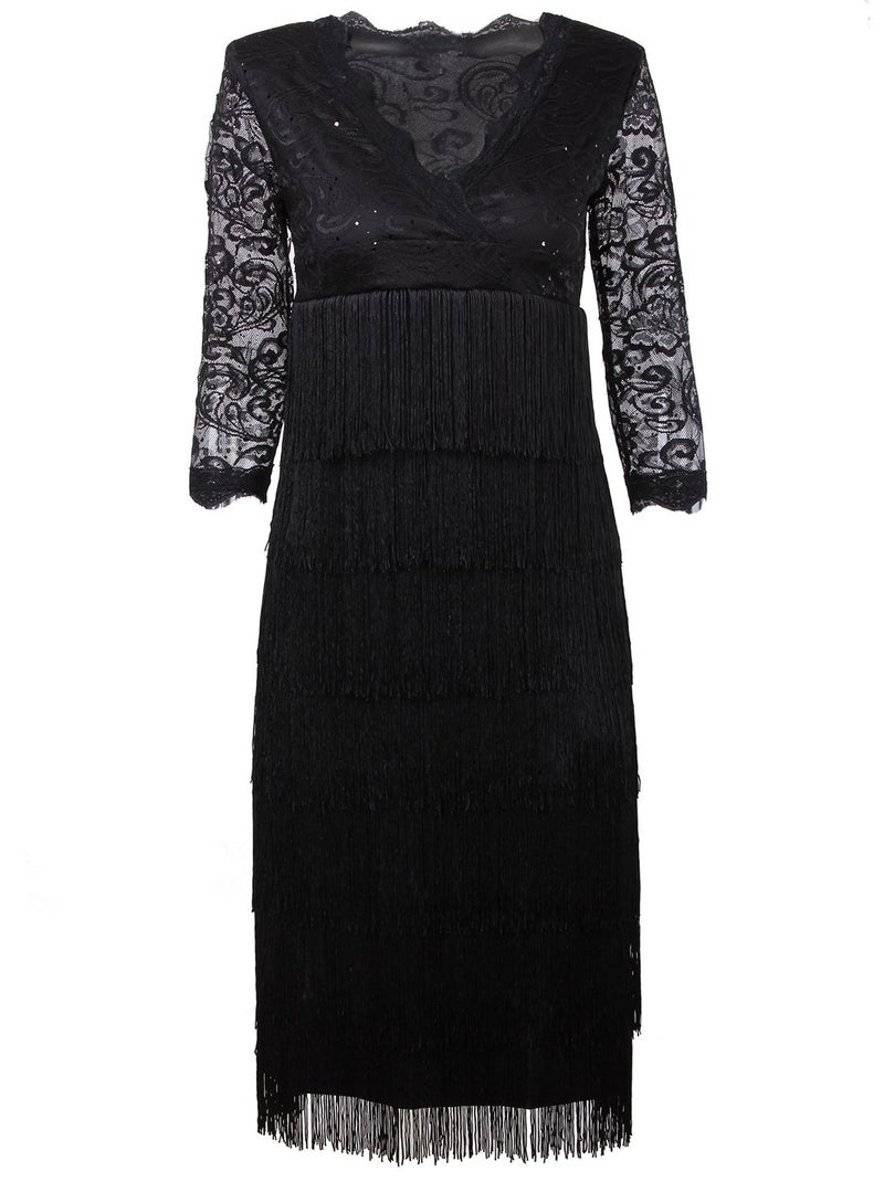 Vijiv Womens Lace Sequin Fringe Flapper Cocktail Prom Formal Eve Party Dress, Small, Black - Image 1