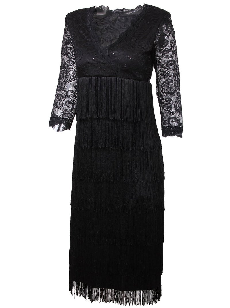 Vijiv Womens Lace Sequin Fringe Flapper Cocktail Prom Formal Eve Party Dress, Small, Black - Image 2