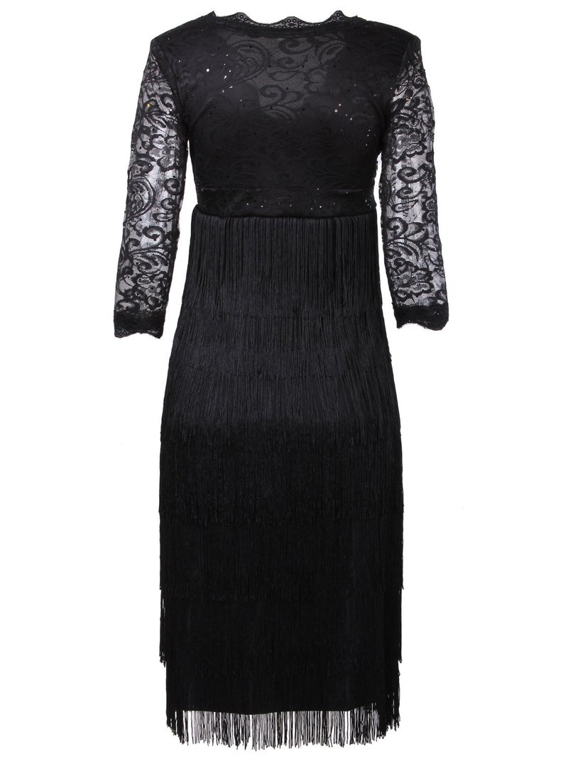 Vijiv Womens Lace Sequin Fringe Flapper Cocktail Prom Formal Eve Party Dress, Small, Black - Image 3
