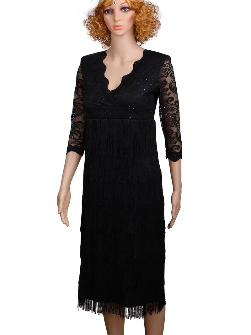 Vijiv Womens Lace Sequin Fringe Flapper Cocktail Prom Formal Eve Party Dress, Small, Black - Image 4