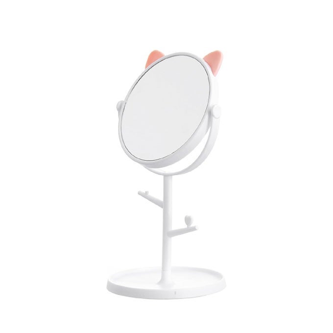 TABLETOP MAKEUP MIRROR ROTATABLE VANITY MIRROR DESKTOP MIRROR WITH CUTE CAT EARS SHAPE ROUND COSMETIC MIRROR FOR HOUSEHOLD AND TRAVEL 57 X 118 IN WHITE