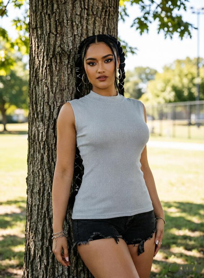 Take Two Grey Sleeveless Ribbed Mock Neck Top - Image 4