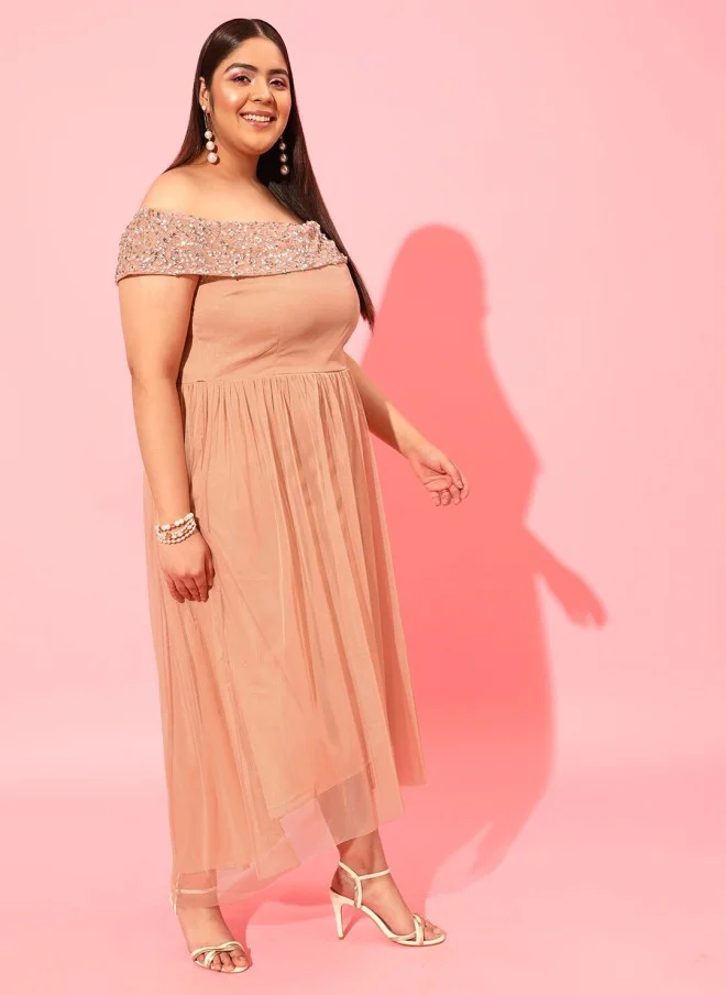 CURVY STREET Peach Plus Size Embellished Net Dress for Women