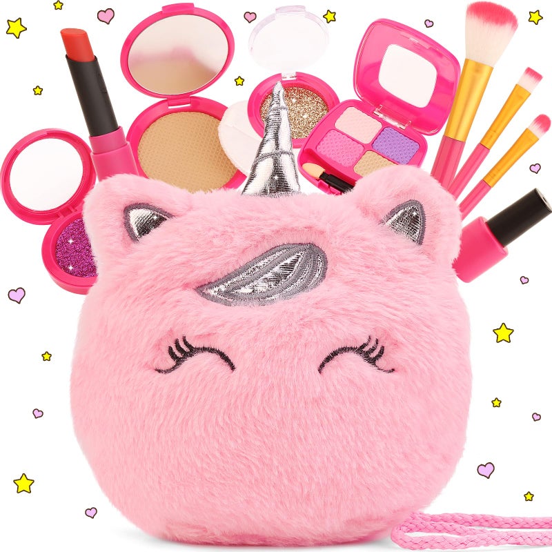xFFFun Pretend Makeup Kit for Toddlers Girls Toys Age 3 4 5 6 7 8 Years Old Gifts Fake Play Makeup Set for Kids Toy 35 46 Unicorn Princess Little Girl Purse with Make up Birthday Easter Gifts for Girls - Image 2