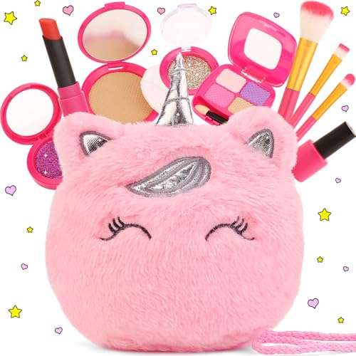 xFFFun Pretend Makeup Kit for Toddlers Girls Toys Age 3 4 5 6 7 8 Years Old Gifts Fake Play Makeup Set for Kids Toy 35 46 Unicorn Princess Little Girl Purse with Make up Birthday Easter Gifts for Girls - Image 1