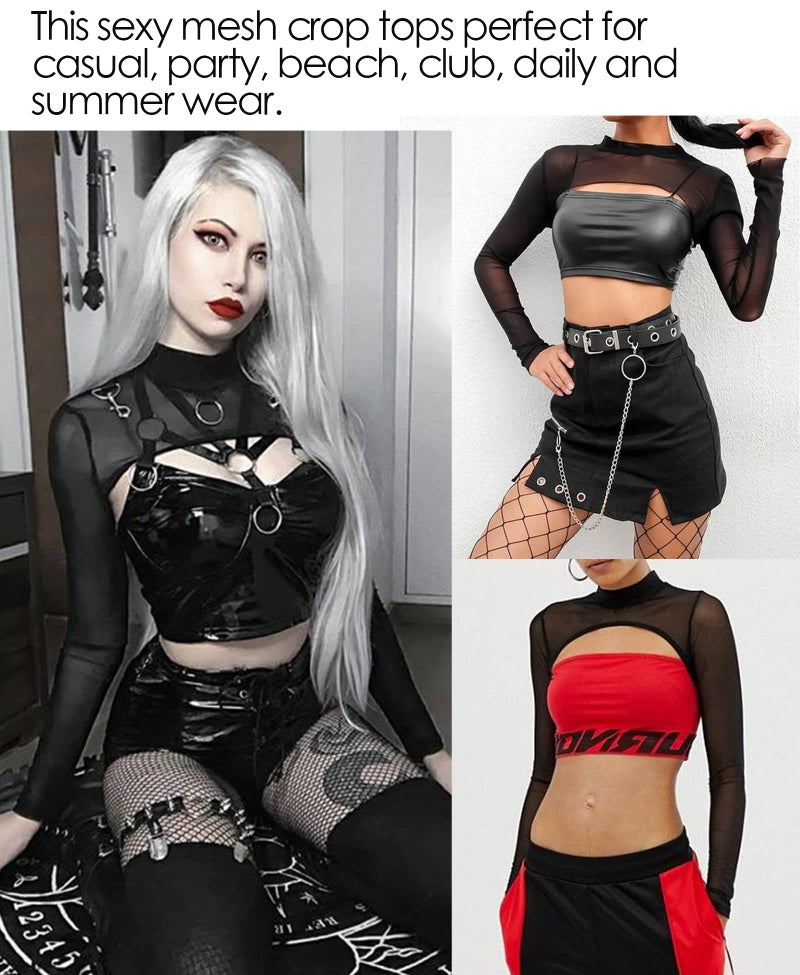Avidlove Mesh Crop Tops for Women Mock Neck Long Sleeve Crop Top See Through Shirt Top Sexy Clubwear(Black, Small) - Image 5