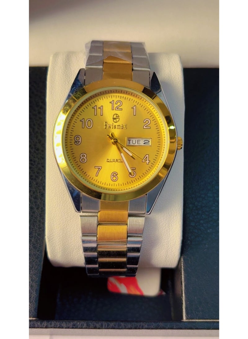 Swismax SM-2043G Luxury Quartz Wristwatch for Men - Two Tone Gold & Silver Stainless Steel Strap, Gold Dial, Day Date Window, 3ATM Water Resistant - Brand New - Image 1