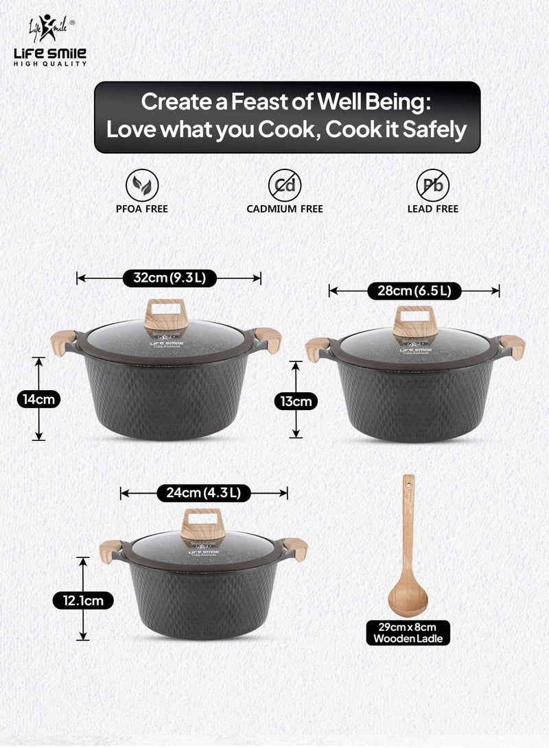 Life Smile LIFE SMILE Granite Stone Non-Stick Cooking Set - Multi-Layer Granite Coated Cookware with Induction Base and Bakelite Handles, 100% PFOA-Free Pots (Brown, 24/28/32CM)  - Image 3