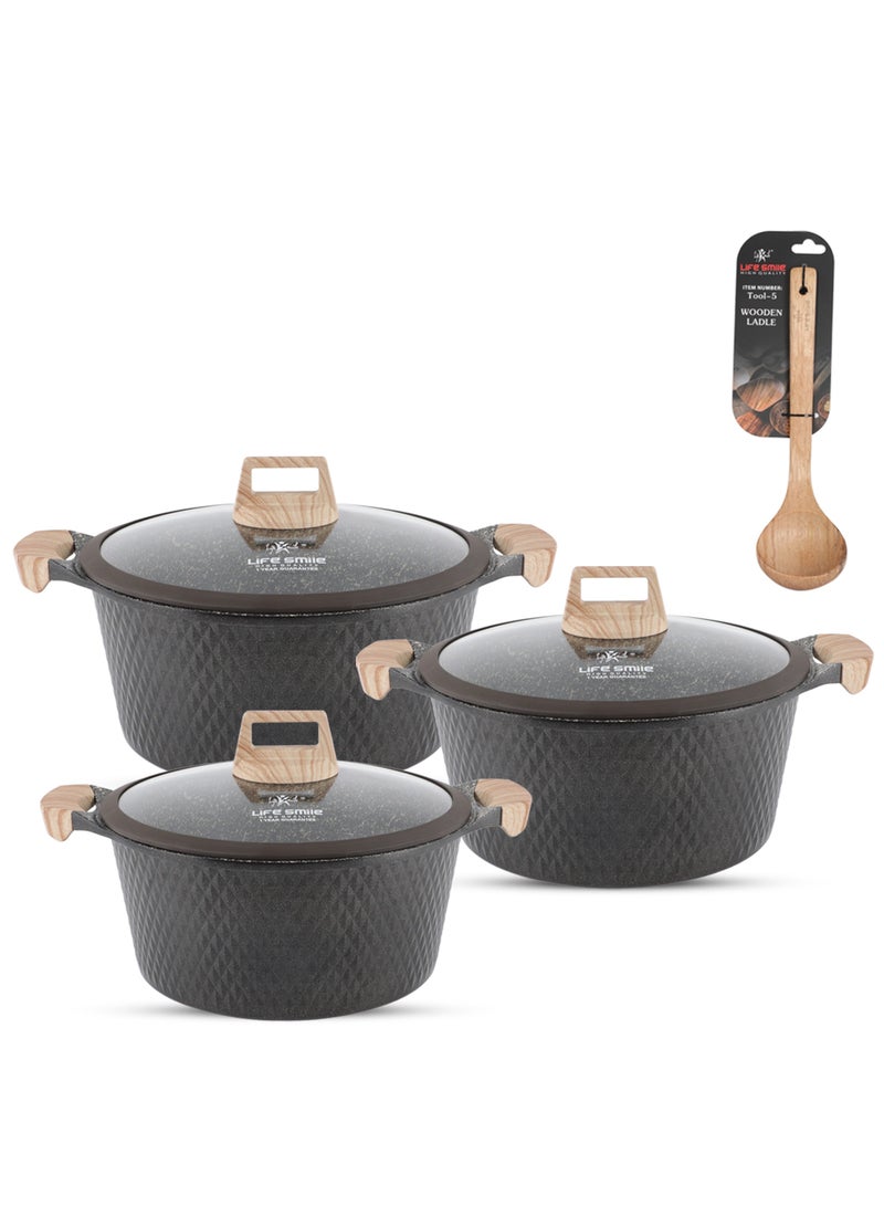 Life Smile LIFE SMILE Granite Stone Non-Stick Cooking Set - Multi-Layer Granite Coated Cookware with Induction Base and Bakelite Handles, 100% PFOA-Free Pots (Brown, 24/28/32CM)  - Image 1