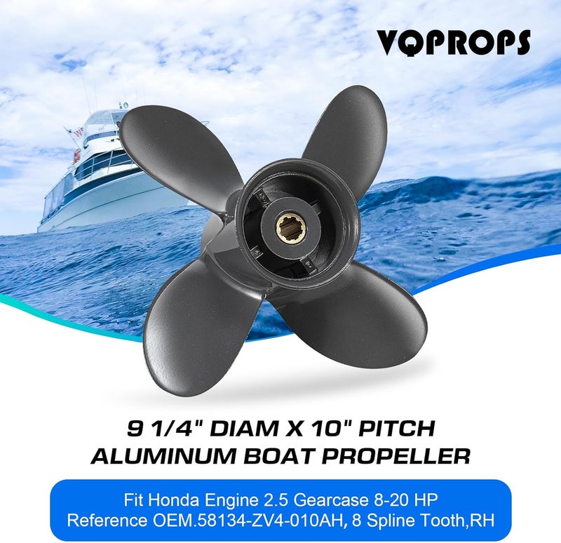 VQPROPs OEM Upgrade 4 Blades 9 1/4x10 Aluminum Boat Propeller for Honda Engines 8-15 HP - Image 2