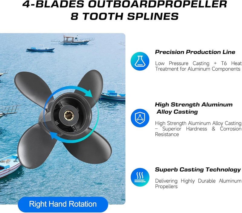 VQPROPs OEM Upgrade 4 Blades 9 1/4x10 Aluminum Boat Propeller for Honda Engines 8-15 HP - Image 4