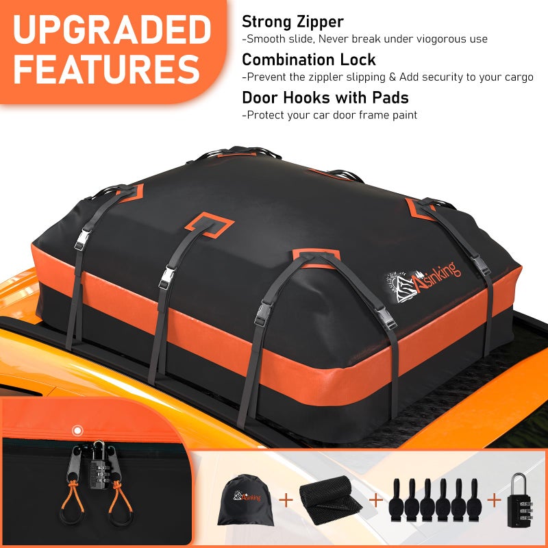 Asinking Car Roof Bag Rooftop top Cargo Carrier Bag 21 Cubic feet Waterproof for All Cars with/Without Rack, Includes Anti-Slip Mat, 10 Reinforced Straps, 6 Door Hooks, Luggage Lock - Image 2