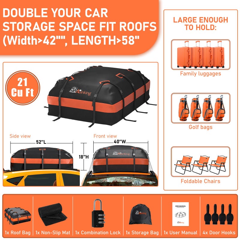 Asinking Car Roof Bag Rooftop top Cargo Carrier Bag 21 Cubic feet Waterproof for All Cars with/Without Rack, Includes Anti-Slip Mat, 10 Reinforced Straps, 6 Door Hooks, Luggage Lock - Image 5