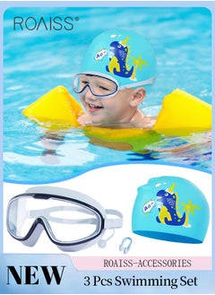 roaiss 3 Pcs Kids Swim Goggle Set, HD Waterproof Anti-fog Large Frame Goggle with Integrated Earplugs, Silicone Swim Cap and Nose Clip, Pool Beach Swimming Gear for Boys Girls Age 3-16 Youth  - Image 1