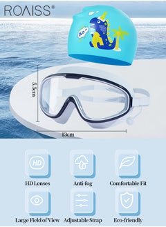 roaiss 3 Pcs Kids Swim Goggle Set, HD Waterproof Anti-fog Large Frame Goggle with Integrated Earplugs, Silicone Swim Cap and Nose Clip, Pool Beach Swimming Gear for Boys Girls Age 3-16 Youth  - Image 2