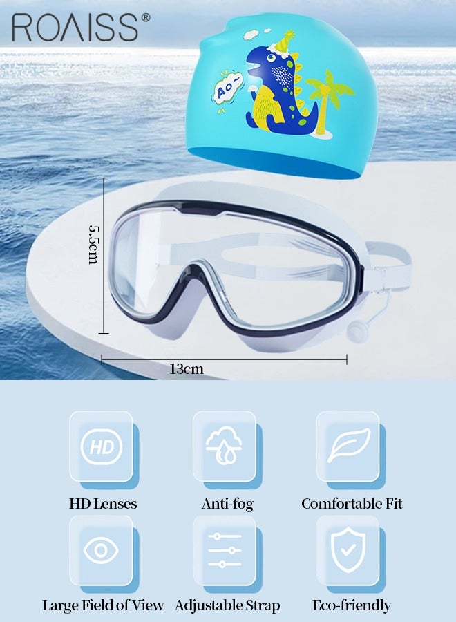 roaiss 3 Pcs Kids Swim Goggle Set, HD Waterproof Anti-fog Large Frame Goggle with Integrated Earplugs, Silicone Swim Cap and Nose Clip, Pool Beach Swimming Gear for Boys Girls Age 3-16 Youth  - Image 2