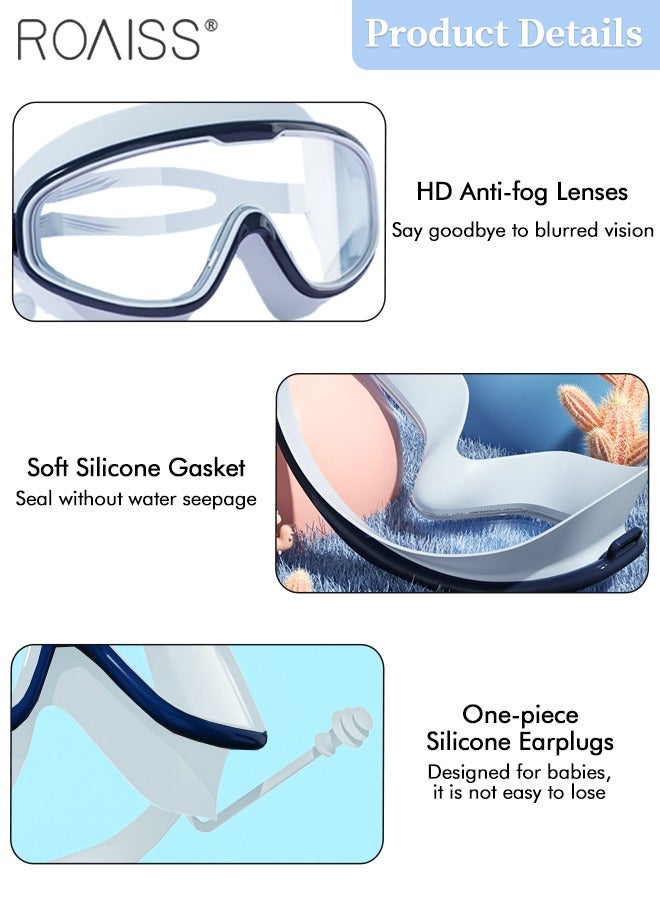 roaiss 3 Pcs Kids Swim Goggle Set, HD Waterproof Anti-fog Large Frame Goggle with Integrated Earplugs, Silicone Swim Cap and Nose Clip, Pool Beach Swimming Gear for Boys Girls Age 3-16 Youth  - Image 5