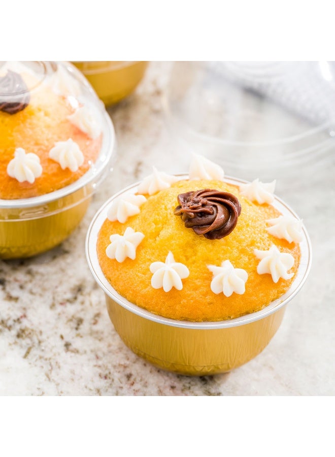 Restaurantware أواني كعك صغيرة 5 أونصات 3.4 × 3.4 × 1.7 بوصة، 100 كوب خبز دائري - قابلة للتصرف، مع أغطية قبة، أواني كعك من الألمنيوم الذهبي، خفيفة الوزن، للحلويات الصغيرة المزينة - Image 3