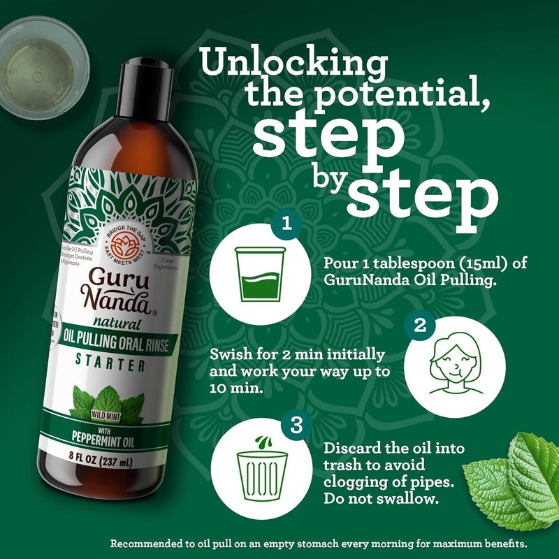 GuruNanda Starter Pulling Oil Mouthwash for Natural Teeth Whitening, Coconut and Peppermint Oil for Fresh Breath & Happy Gums, Alcohol-Free, 8 Oz - Image 5