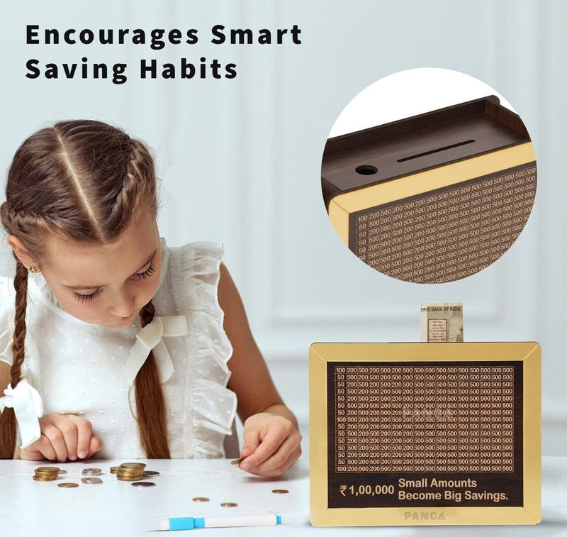 PANCA Wooden Piggy Bank with Pen Money Saving Box for Kids & Adults, Coin Savings Box Wooden Coin Box, Money Saver, Piggy Bank with Numbers Rupees Savings Box - Image 4