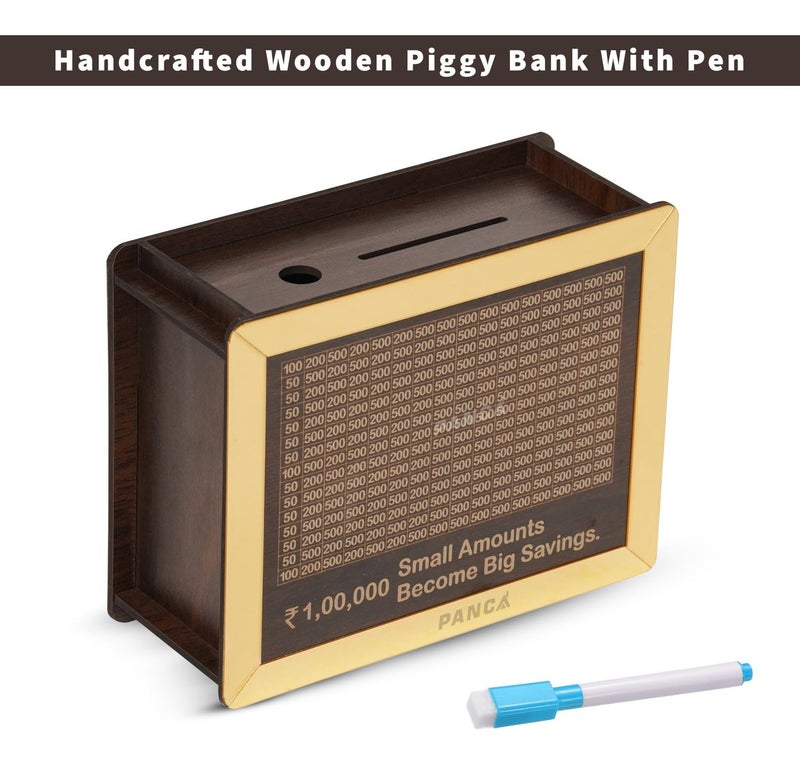 PANCA Wooden Piggy Bank with Pen Money Saving Box for Kids & Adults, Coin Savings Box Wooden Coin Box, Money Saver, Piggy Bank with Numbers Rupees Savings Box - Image 5