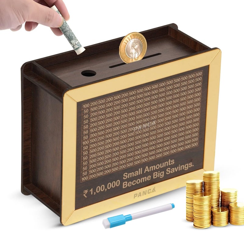 PANCA Wooden Piggy Bank with Pen Money Saving Box for Kids & Adults, Coin Savings Box Wooden Coin Box, Money Saver, Piggy Bank with Numbers Rupees Savings Box - Image 1