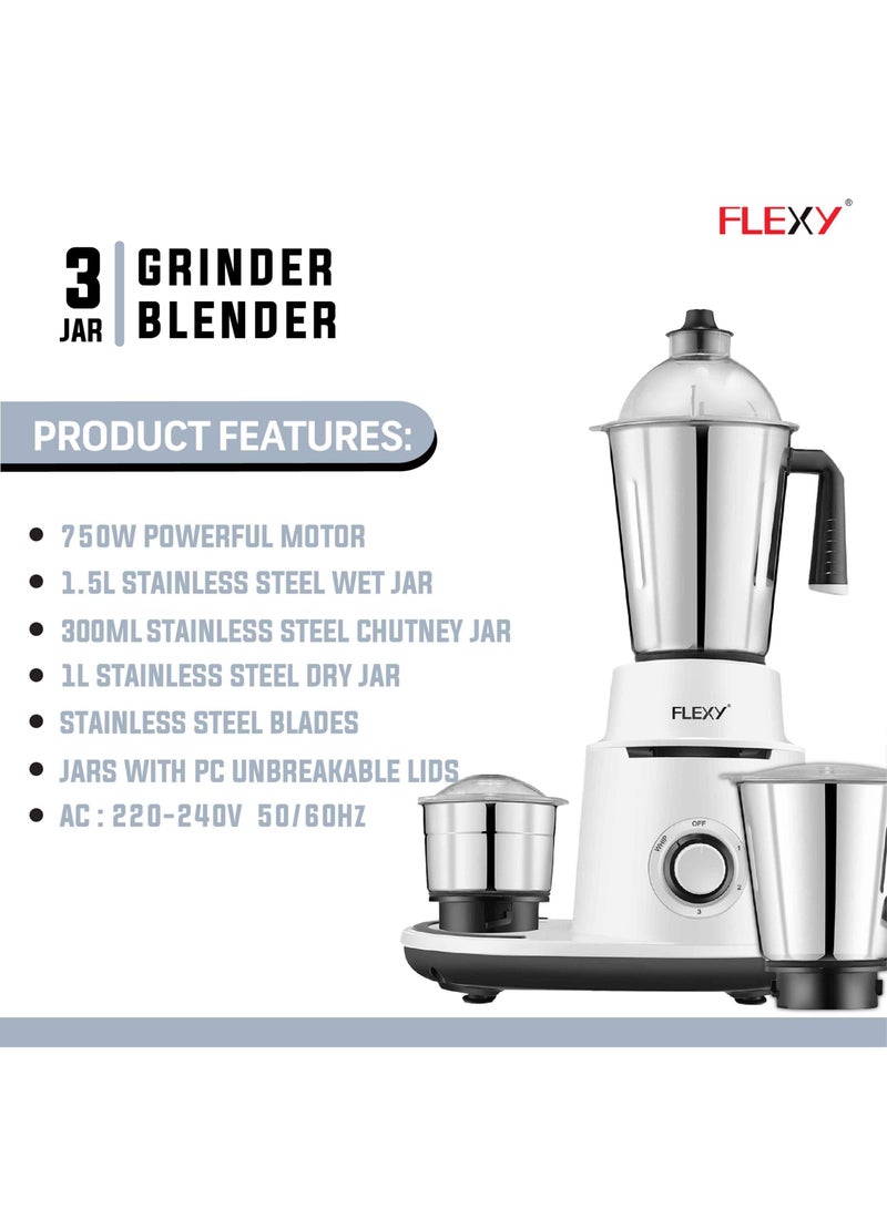 Flexy Blender 750W 3 in 1 Ideal for Fine Wet Dry Grinding and 3 Stainless Steel Bowls Indian Blender White - Image 2