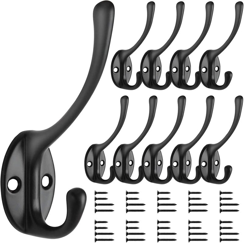 10 Pack Black Coat Hooks Wall Mounted Heavy Duty Double Hooks for Clothes Hats Bags - Image 1
