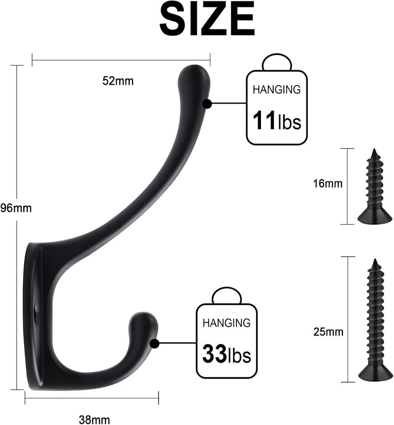 10 Pack Black Coat Hooks Wall Mounted Heavy Duty Double Hooks for Clothes Hats Bags - Image 2