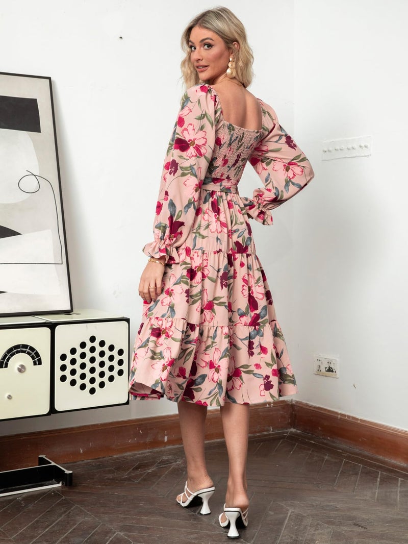 Amegoya Women's Floral Long Sleeve Midi Dress Boho Wedding Guest Dress Square Neck Smocked Tiered Flowy Dress (Floral Pink L) - Image 3