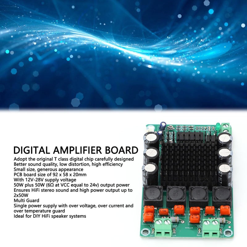 TK2050 لوحة مكبر صوت ثنائي القنوات بقوة 50 واط، لوحة طاقة رقمية ستيريو HiFi بجهد مستمر 12-28 فولت - Image 3