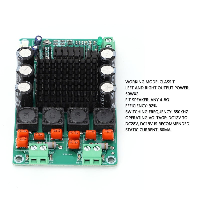 TK2050 لوحة مكبر صوت ثنائي القنوات بقوة 50 واط، لوحة طاقة رقمية ستيريو HiFi بجهد مستمر 12-28 فولت - Image 4