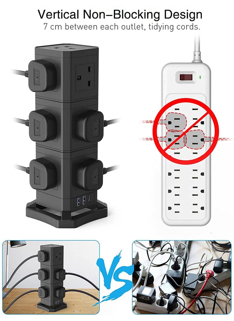 Detachable Power Strip Tower, Surge Protector Power Strip Tower with 13 AC Outlets, 2 USB Port, 1 Type-C Port, 2m Extension Cord, Desktop Charging Station for Multiple Devices, Home, Office, Kitchen, Dorm Essentials