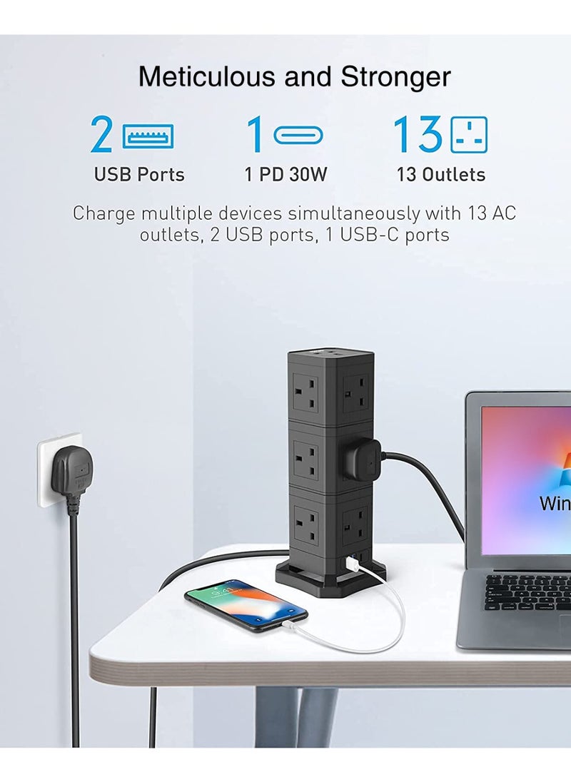 Detachable Power Strip Tower, Surge Protector Power Strip Tower with 13 AC Outlets, 2 USB Port, 1 Type-C Port, 2m Extension Cord, Desktop Charging Station for Multiple Devices, Home, Office, Kitchen, Dorm Essentials