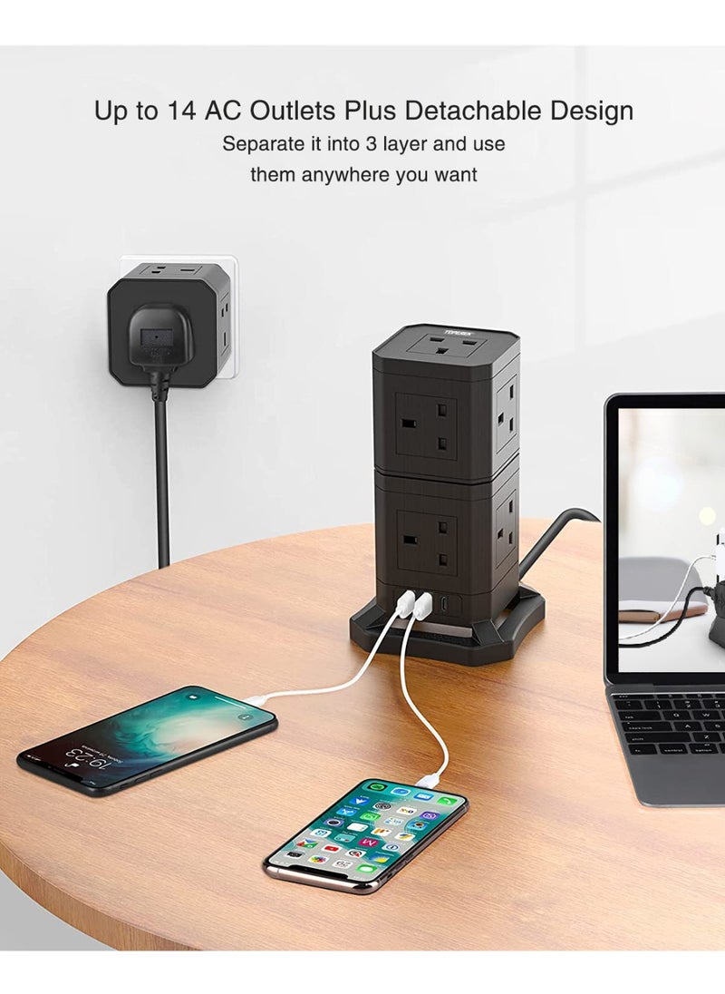 Detachable Power Strip Tower, Surge Protector Power Strip Tower with 13 AC Outlets, 2 USB Port, 1 Type-C Port, 2m Extension Cord, Desktop Charging Station for Multiple Devices, Home, Office, Kitchen, Dorm Essentials