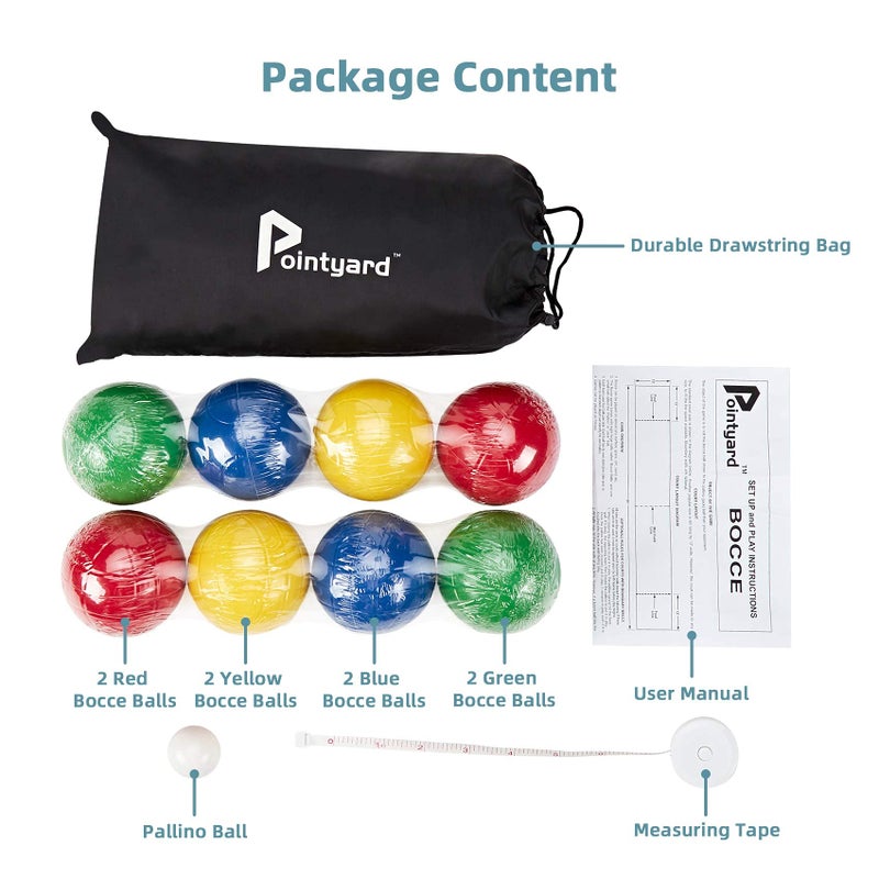 Pointyard 90mm Bocce Ball Set with 8 PE Balls, 1 Pallino, Carrying Bag, Measuring Tape - Family Game for Outdoor/Lawn/Beach/Park - Image 5
