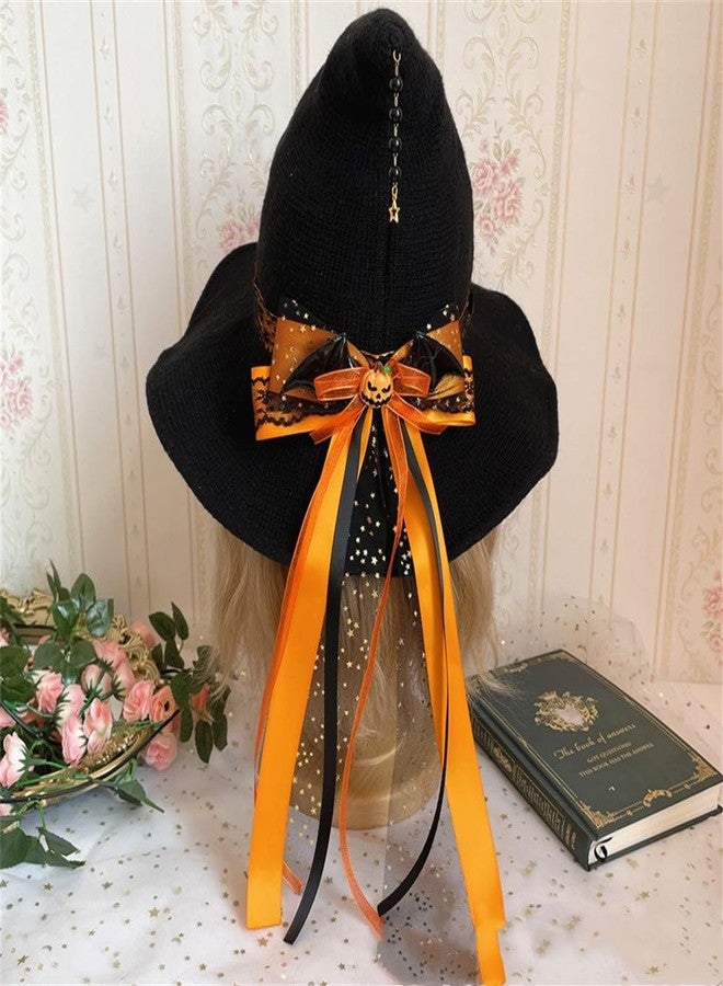Cntqiang Lolita Halloween Witch Hat with Big Bowknot for Women Foldable Pointed Cap Costum for Christmas Cosplay Party(Orange) - Image 3