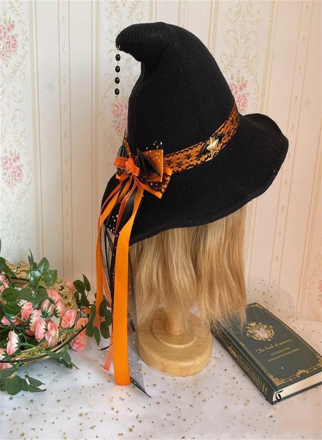 Cntqiang Lolita Halloween Witch Hat with Big Bowknot for Women Foldable Pointed Cap Costum for Christmas Cosplay Party(Orange) - Image 2
