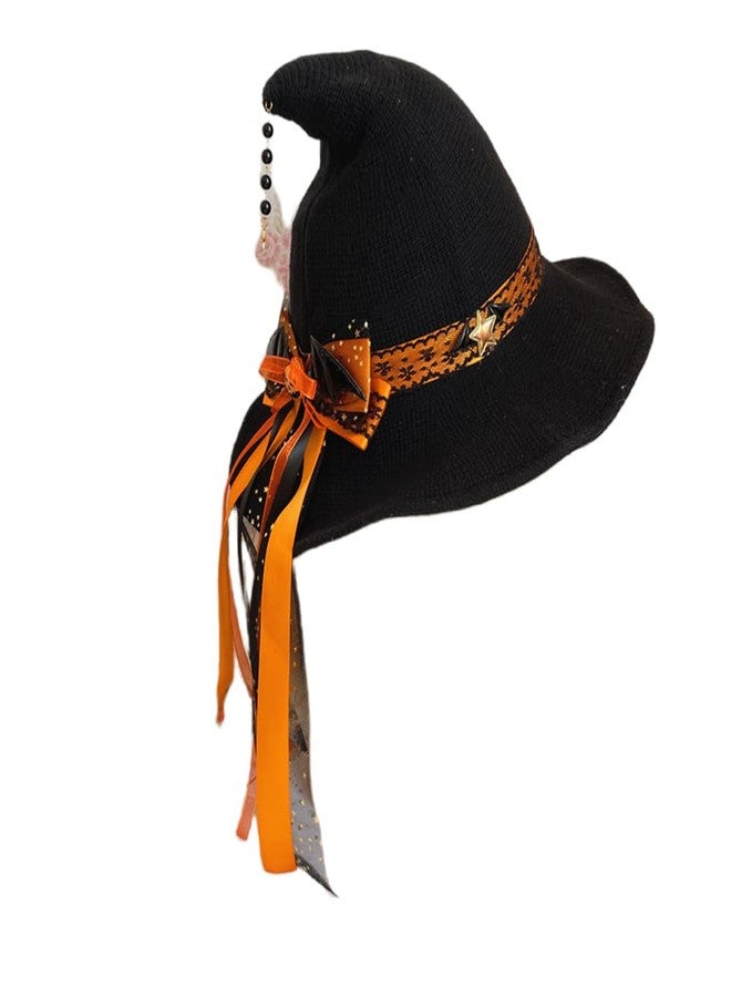 Cntqiang Lolita Halloween Witch Hat with Big Bowknot for Women Foldable Pointed Cap Costum for Christmas Cosplay Party(Orange) - Image 1
