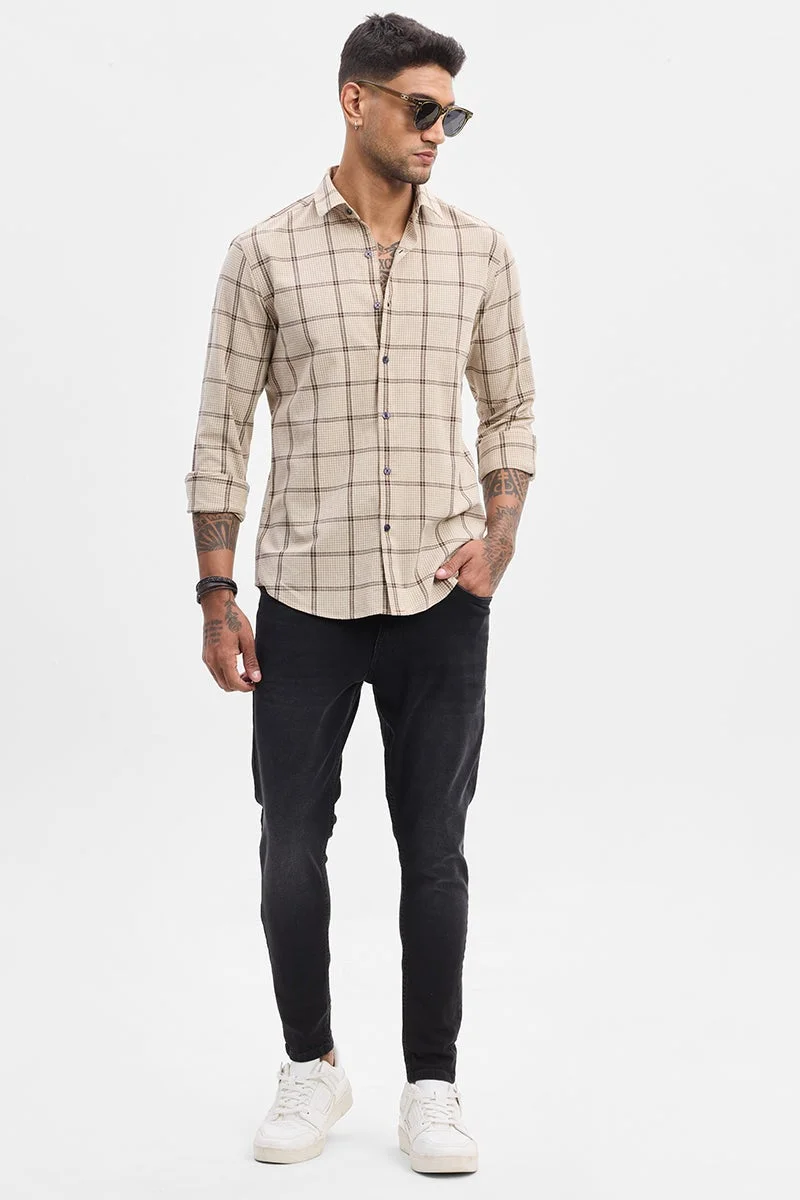 سنيتش Beige Checkered Long Sleeve Slim Fit Casual Shirt