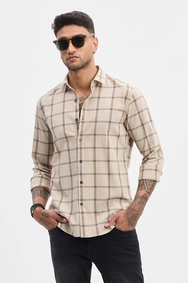 سنيتش Beige Checkered Long Sleeve Slim Fit Casual Shirt