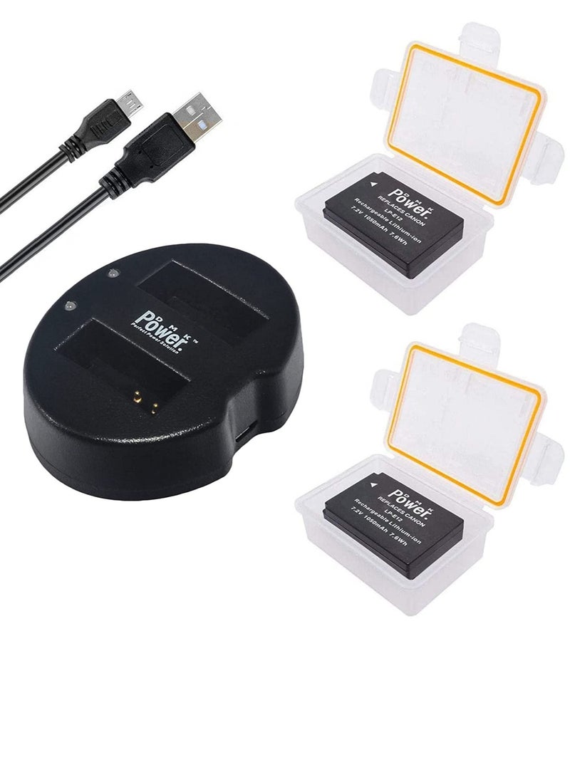 DMK Power LP-E12 Replacement Battery (2-Pack) and Dual USB Charger Compatible with LP-E12 EOS M M2 M10 M50 M100 EOS 100D EOS Rebel SL1 EOS KISS X7 PowerShot SX70 HS - Image 1