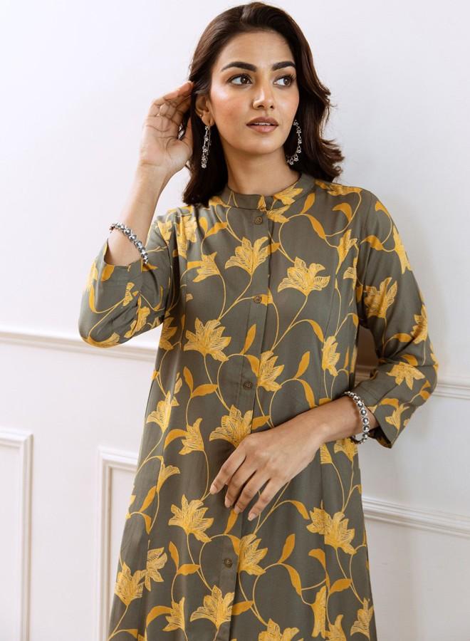 ISHIN Women'S Mustard Rayon Embroidered Tunic Full Length Palazzo Straight Fit Kurta Set - Image 1