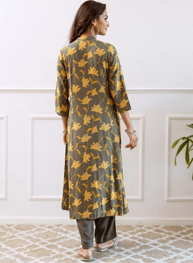 ISHIN Women'S Mustard Rayon Embroidered Tunic Full Length Palazzo Straight Fit Kurta Set