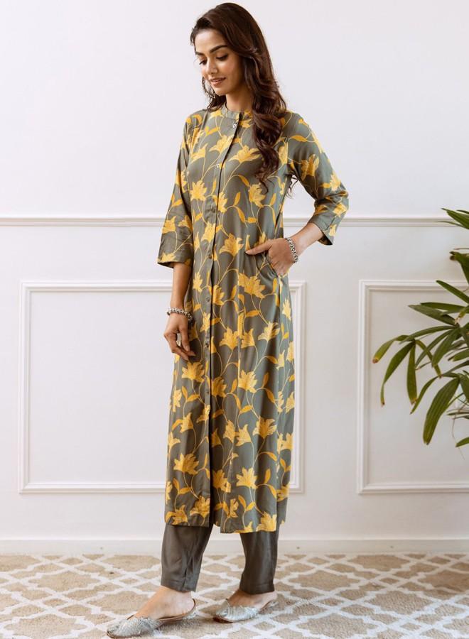 ISHIN Women'S Mustard Rayon Embroidered Tunic Full Length Palazzo Straight Fit Kurta Set - Image 5